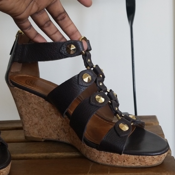 Ann Taylor LOFT Brown/Gold Studded Wedge Heel - Picture 2 of 4